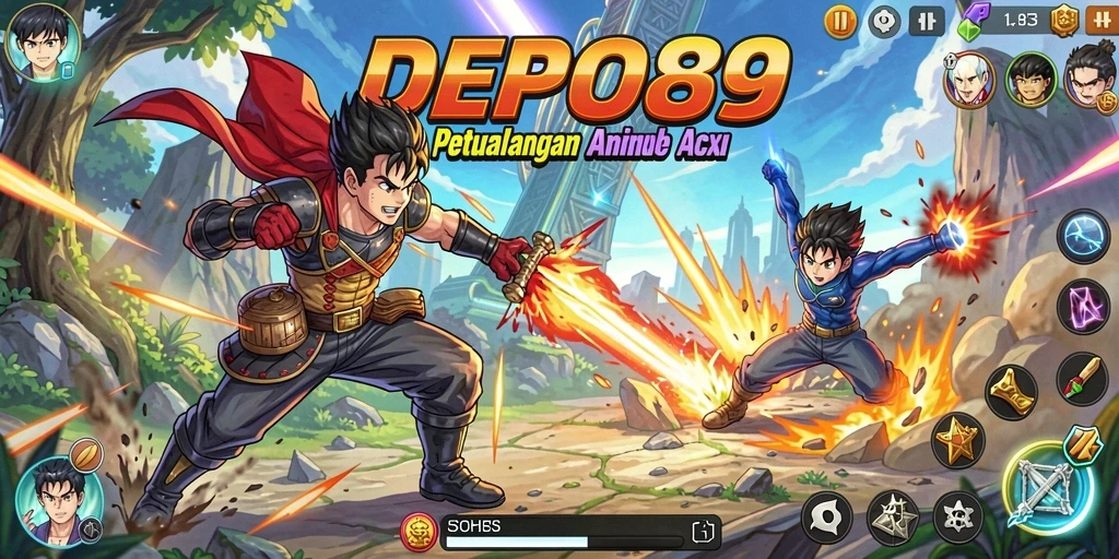 Tangkapan layar gameplay DEPO89 yang menampilkan pertarungan karakter anime.