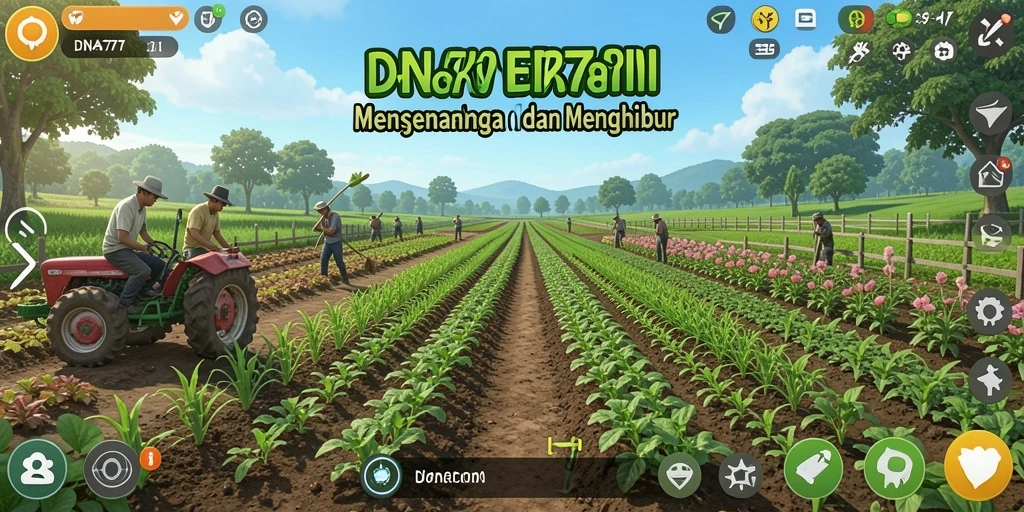 Screenshot utama menunjukkan gameplay seru dengan berkebun dan merawat hewan.