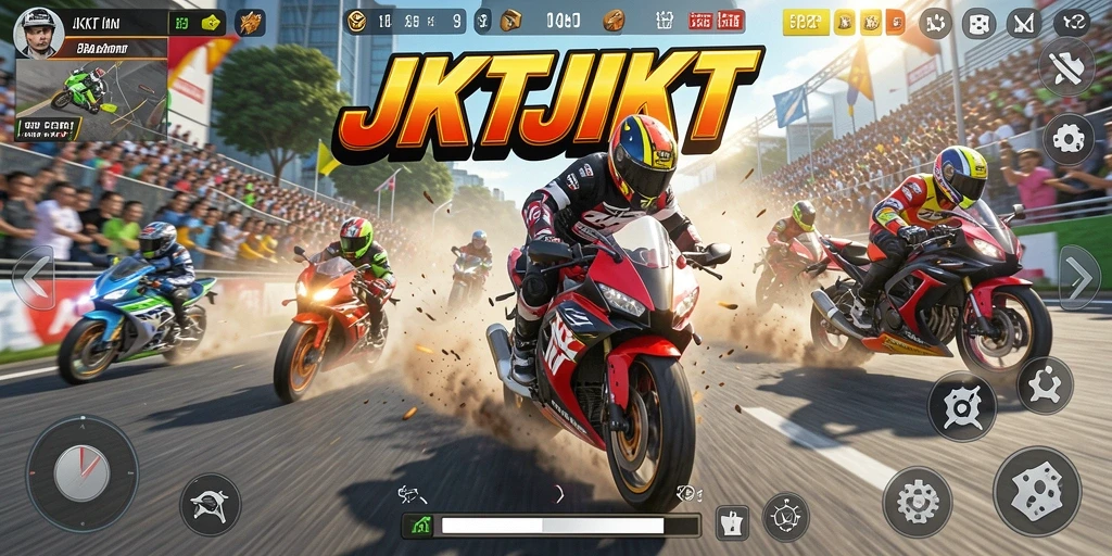 Gameplay JKTJKT yang menantang di trek balapan.