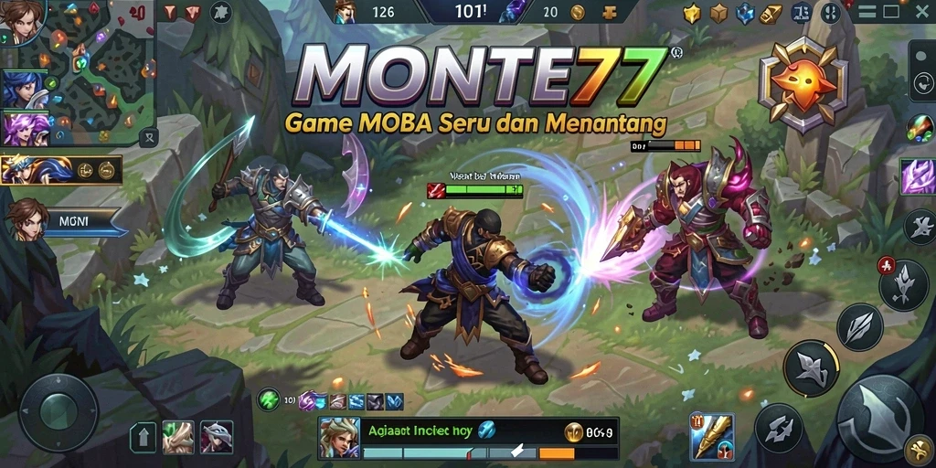 Tampilan aksi seru dalam game MOBA MONTE77.