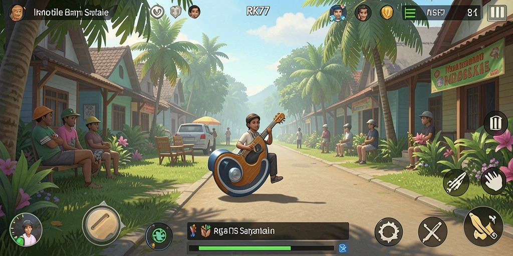 Tampilan gameplay RK77 dengan karakter warna-warni dan tantangan seru.